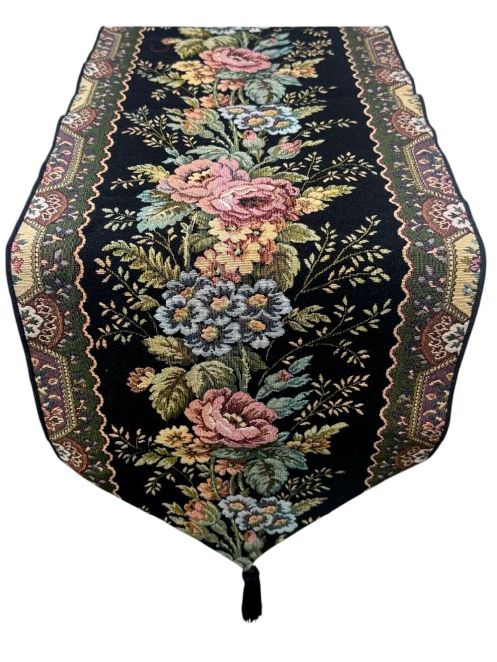 Tapestry Table Runner Black Victorian Floral 70" Vintage Cottage Shabby Chic
